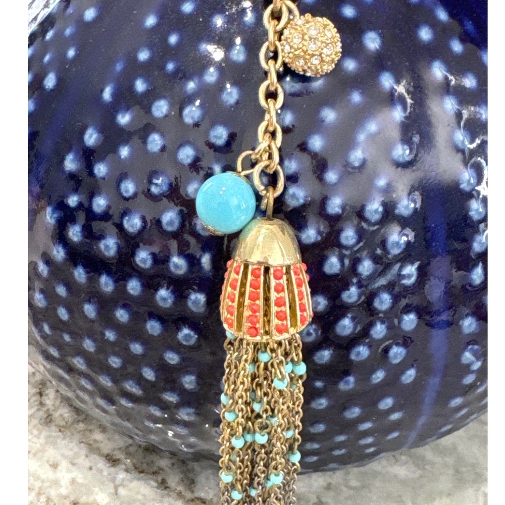 Lilly Pulitzer gold-tone charm necklace chunky chain‎ rhinestone ball tassel